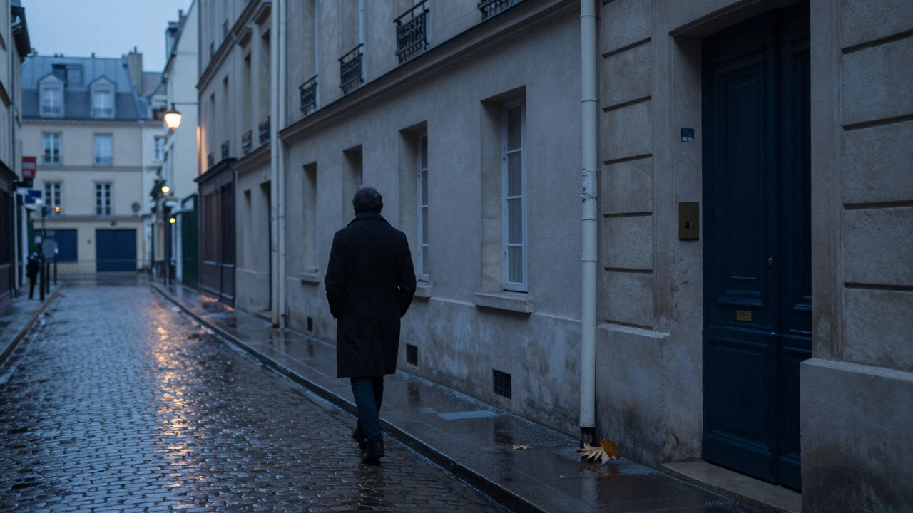 A lone figure walks away from an unmarked Paris building at dusk, rain-slicked street reflecting dim lights, a leaf falling nearby.