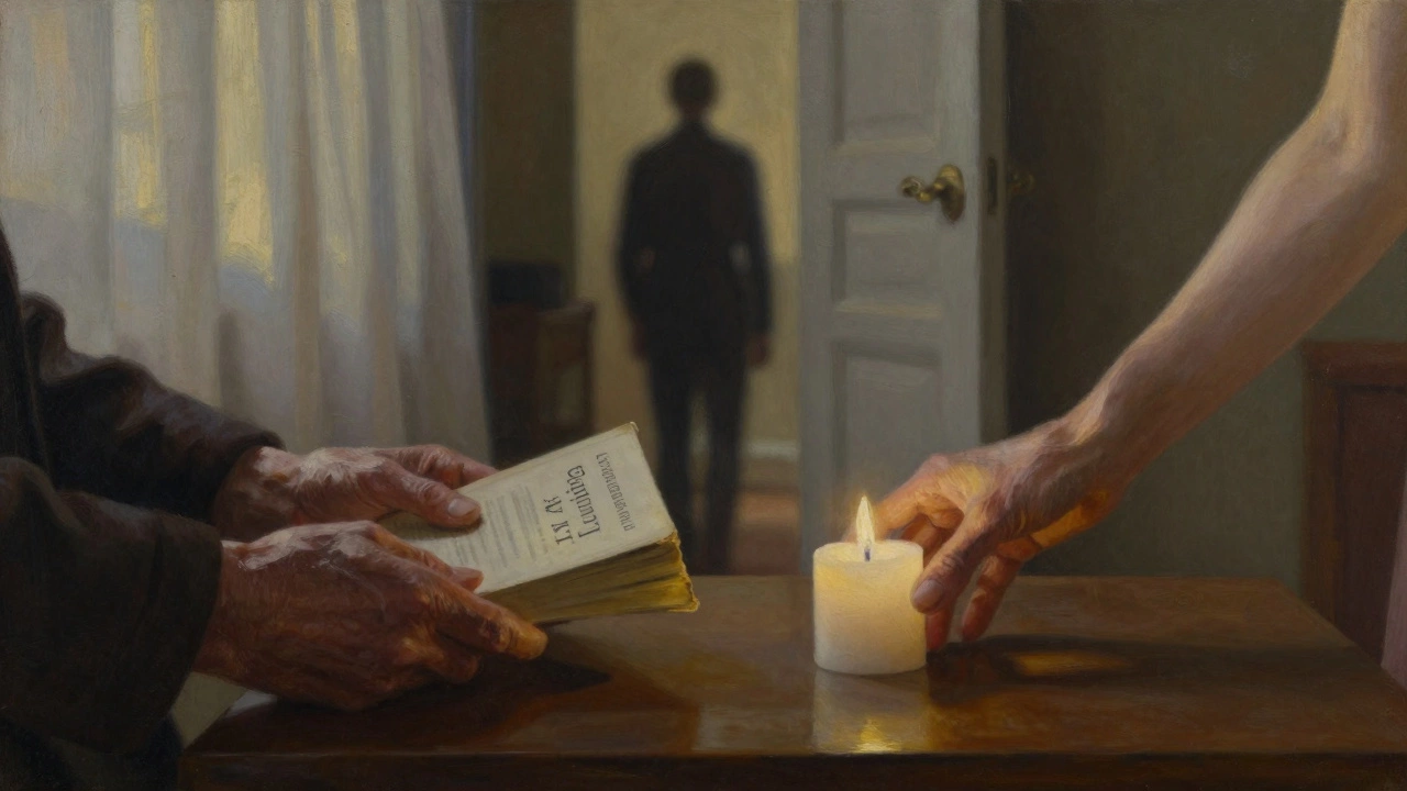 Two hands: one holding a book, the other placing a candle—intimate, silent, emotional moment in soft golden light.